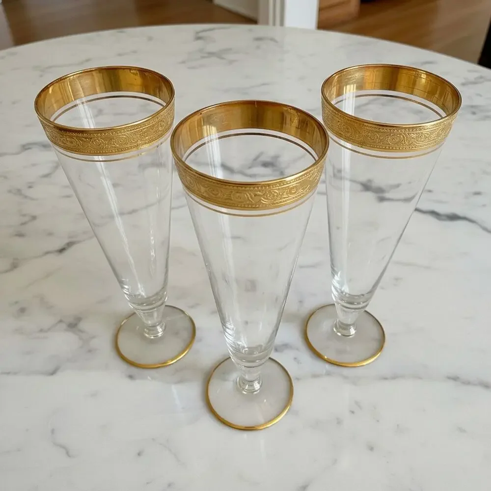 Glastonbury Lotus Rambler Rose 35 Gold Non Optic Pilsner Glasses-Set of 3-Tiffin